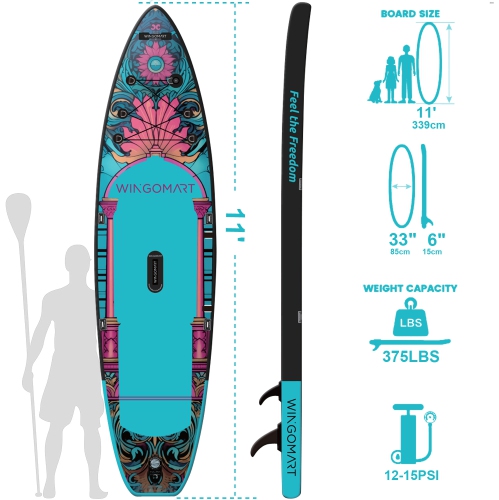 WINGOMART 11FT x 33" Super Wide Inflatable Stand Up Paddle Board, Ultra Stable Wide SUP Up to 2 people/375LB Fully equipped w/ Premium SUP