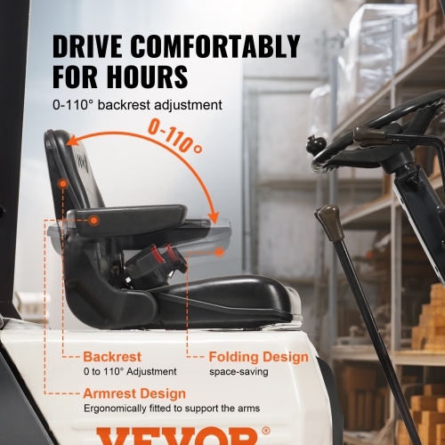 VEVOR 6.3-13.4 inch Universal Forklift Seat, Fold Down Tractor Seat with Adjustable Angle Back, Micro Switch, Seatbelt and Armrests, Slot Tractor