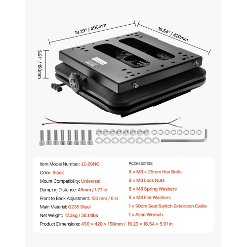 VEVOR 6in Seat Suspension Kit With Slider Track, Air Ride Seat Suspension with Dust Cover,Front-to-Back Adjustable, Tractor Seat Suspension ‎Kit for