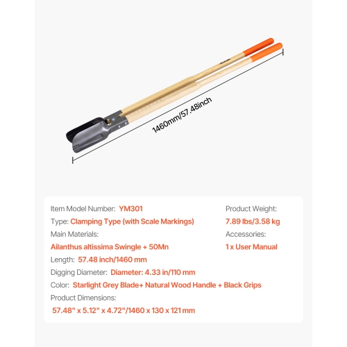 VEVOR 57.5-Inch Post Hole Digger, Post Hole Digger with Wood Handle, Manual Hole Digger with Scale Markings and Metal Blade, Post Hole Digger Tool