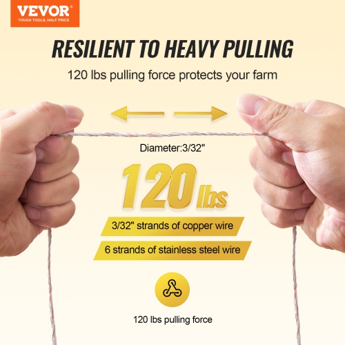 VEVOR 2625Ft Electric Fence Wire,800M Polywire, 3/32" Diameter 9 Mixed Metal Strands for Reliable Conductivity and UV,Rust Resistance, Fencing Rope