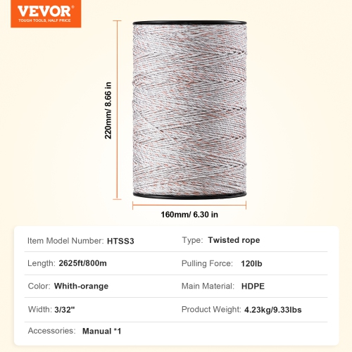 VEVOR 2625Ft Electric Fence Wire,800M Polywire, 3/32" Diameter 9 Mixed Metal Strands for Reliable Conductivity and UV,Rust Resistance, Fencing Rope