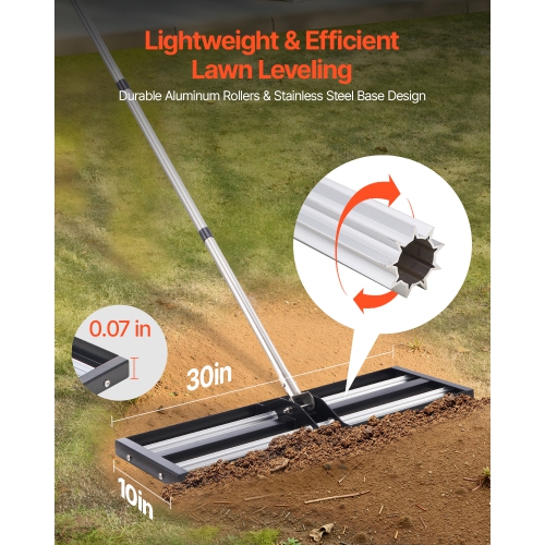 VEVOR 30" x 10" Updated Lawn Leveling Rake with Roller,Stainless Steel Lawn Leveler with 83.9" Adjustable Handle,Yard Leveling Rake,Effort Saving