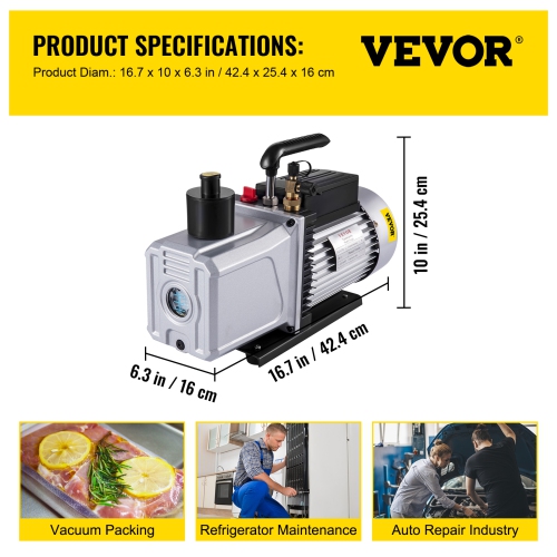 VEVOR 12CFM Vacuum Pump,1 HP Single Stage Air Conditioning Pump, 110V 5PA Ultimate Vacuum Refrigerant, HVAC Air Tool Rotary Vane, for Automobile