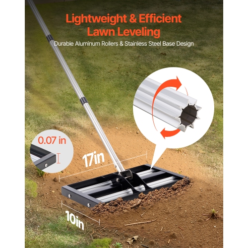 VEVOR 17" x 10" Updated Lawn Leveling Rake with Roller,Stainless Steel Lawn Leveler with 63.4" Adjustable Handle,Yard Leveling Rake,Effort Saving
