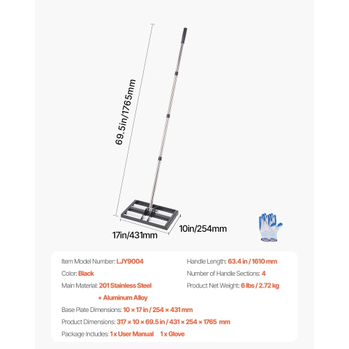 VEVOR 17" x 10" Updated Lawn Leveling Rake with Roller,Stainless Steel Lawn Leveler with 63.4" Adjustable Handle,Yard Leveling Rake,Effort Saving