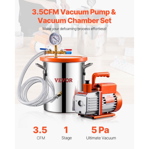 VEVOR 3 Gallon Vacuum Chamber and 3.5 CFM Pump Kit,Stainless Steel,Single Stage Pump Degassing Chamber Kit, with Acrylic Lid,Oil,4.92 ft Hose, for