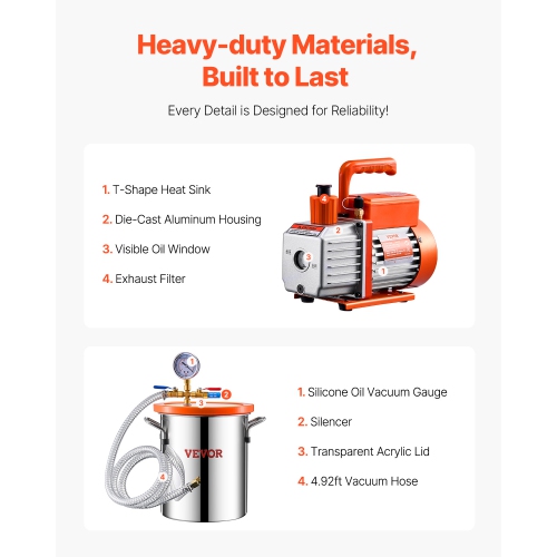 VEVOR 3 Gallon Vacuum Chamber and 3.5 CFM Pump Kit,Stainless Steel,Single Stage Pump Degassing Chamber Kit, with Acrylic Lid,Oil,4.92 ft Hose, for