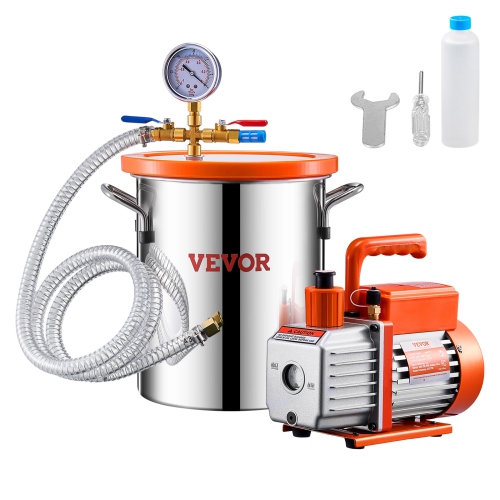 VEVOR 3 Gallon Vacuum Chamber and 3.5 CFM Pump Kit,Stainless Steel,Single Stage Pump Degassing Chamber Kit, with Acrylic Lid,Oil,4.92 ft Hose, for
