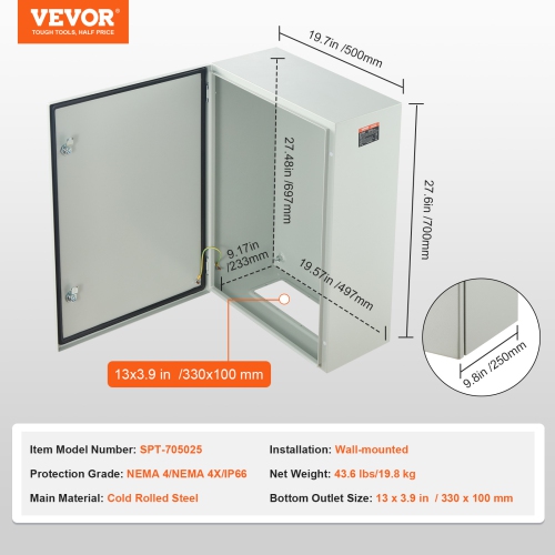 VEVOR 27.6 x 19.7 x 9.8 in Cold Rolled Steel Electrical Enclosure Box, Wall-Mounted Outdoor Electronic Equipment Enclosure with Mounting Plate,