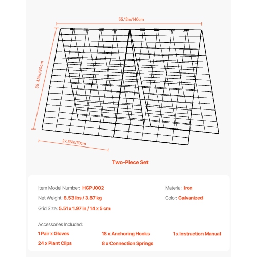 VEVOR 35" x 55" Cucumber Trellis for Climbing Plants, Cucumber Trellis Set with Plant Clips, Metal Trellis for Raised Bed, Outdoor Plant Grow Support