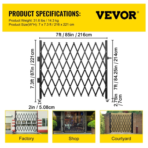 VEVOR 7' H x 6-1/2' W Single Folding Security Gate, Folding Door Gate, Steel Accordion Security Gate, Flexible Expanding Security Gate, 360掳 Rolling