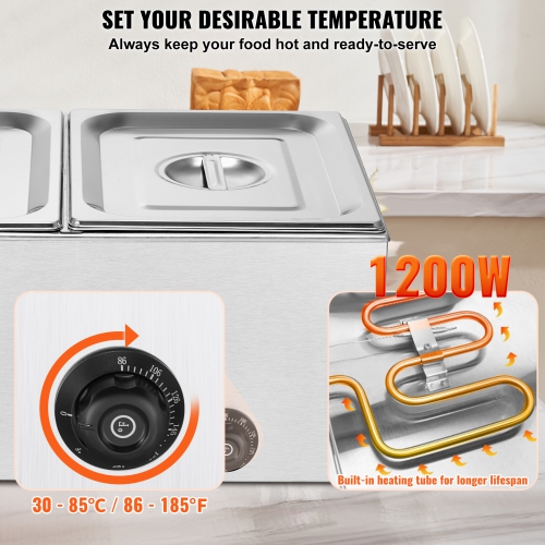 VEVOR 24QT Commercial Food Warmer,2-Pan Electric Steam Table,1200W Countertop Stainless Steel Buffet Bain Marie with 86-185°F Temp Control for