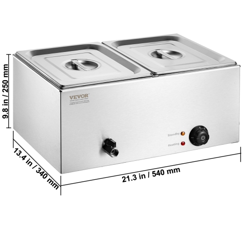 VEVOR 24QT Commercial Food Warmer,2-Pan Electric Steam Table,1200W Countertop Stainless Steel Buffet Bain Marie with 86-185°F Temp Control for