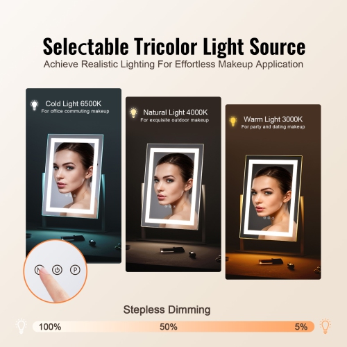 VEVOR 16.1x11.8 in Vanity Mirror with Lights, Three Color Lighting Modes, Lighted Makeup LED Mirror, and 5X Magnification Mirror, Smart Touch