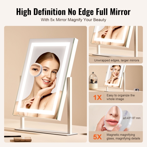 VEVOR 16.1x11.8 in Vanity Mirror with Lights, Three Color Lighting Modes, Lighted Makeup LED Mirror, and 5X Magnification Mirror, Smart Touch