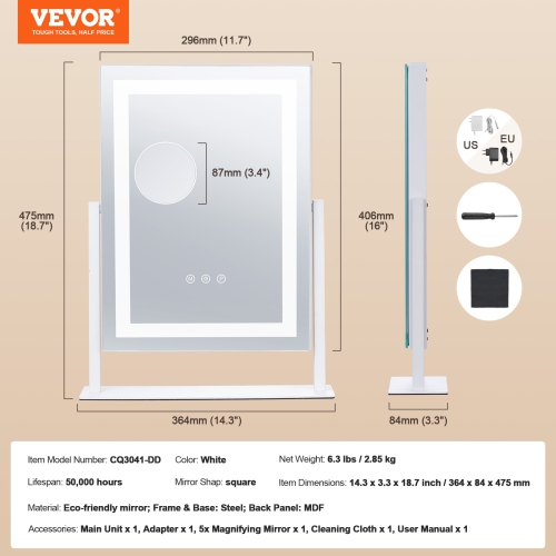 VEVOR 16.1x11.8 in Vanity Mirror with Lights, Three Color Lighting Modes, Lighted Makeup LED Mirror, and 5X Magnification Mirror, Smart Touch