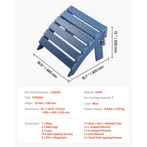 VEVOR 15.7L x 18.9W x 13H Inch Adirondack Ottoman, HDPE Plastic Folding Adirondack Ottoman, Weather-Resistant Foot Rest for Adirondack Chair, Widely