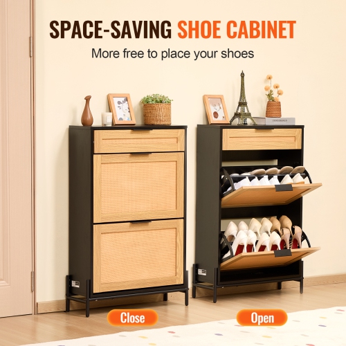 VEVOR 1 Slide Drawer Rattan Shoe Cabinet, Narrow Shoe Storage Organizer with 2 Flip Rattan Drawers, Metal Legs, Slim Shoe Entryway Cabinet Ideal for