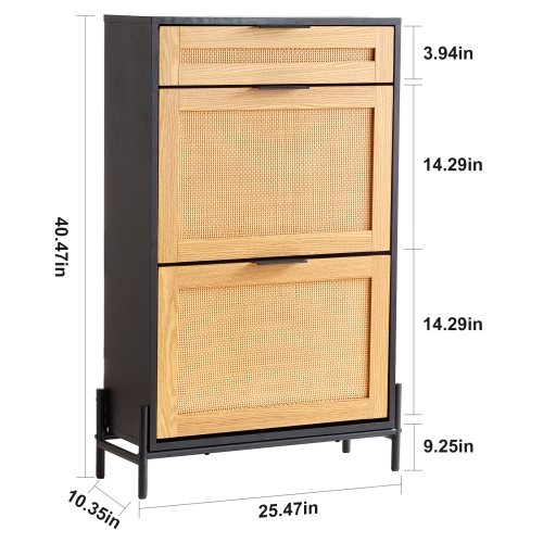 VEVOR 1 Slide Drawer Rattan Shoe Cabinet, Narrow Shoe Storage Organizer with 2 Flip Rattan Drawers, Metal Legs, Slim Shoe Entryway Cabinet Ideal for