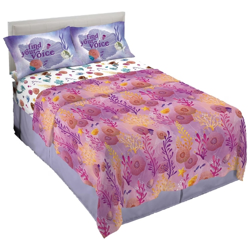 Little Mermaid "Aquatic Outlines" 4 Piece Soft and Cozy Multi-color Full Bedding Sheet Set for Kids