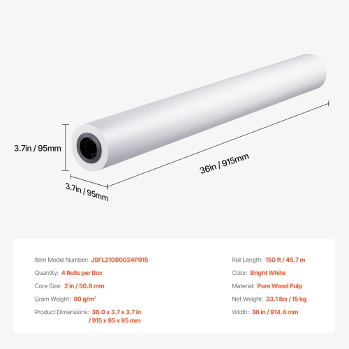 VEVOR 36 in x 150 ft Wide Format Plotter Paper, 4 Rolls CAD Bond Rolls with 2 in Core, 20 LB Bond Paper Rolls,for CAD Drawings, Engineering Plans,