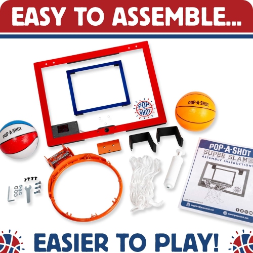 Pop-A-Shot Super Slam Over The Door Mini Basketball Hoop for Kids and Adults, 2 Included Basketballs and Pump, Shatter Resistant Backboard, 17x12.5