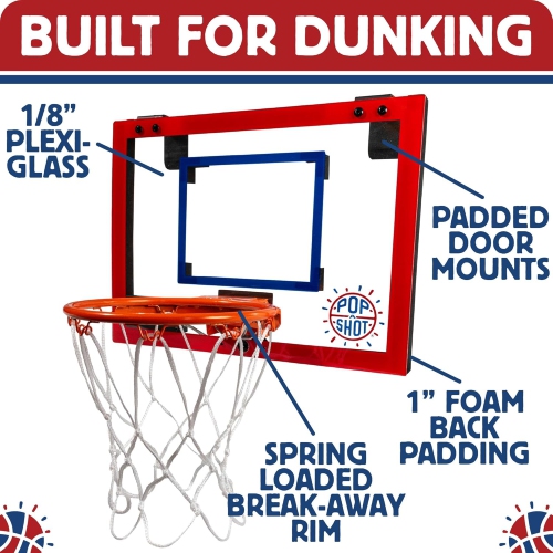 Pop-A-Shot Super Slam Over The Door Mini Basketball Hoop for Kids and Adults, 2 Included Basketballs and Pump, Shatter Resistant Backboard, 17x12.5