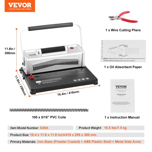 VEVOR Coil Spiral Binding Machine, Manual Book Maker with Electric Binding, 46-Holes Binding 500 Sheets Punch Binder, with 100pcs 5/16'' Coil Binding