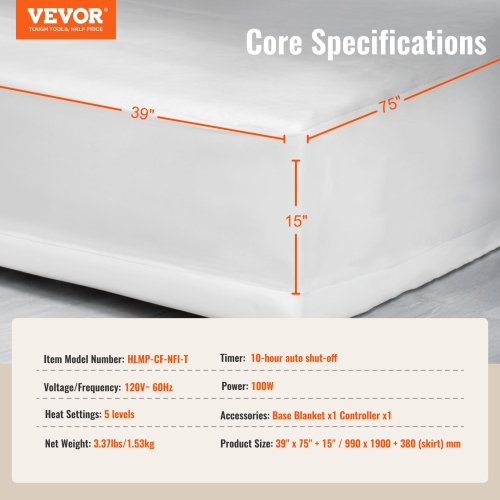 VEVOR 39 x 75 in Heated Mattress Pad, Electric Bed Warmer with 1-5 Heat Settings Control, 10-Hour Auto Shut Off, Machine-Wash Breathable Heating