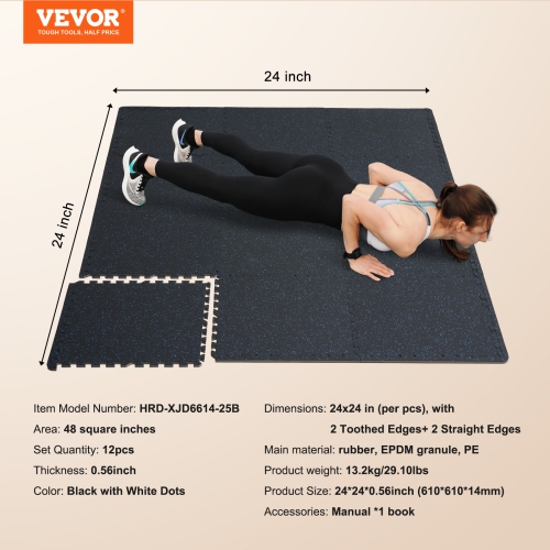 VEVOR 0.56 Inch Thick Gym Floor Mats, 12 Tiles Rubber Top with EVA Foam, 24" x 24" Gym Flooring Workout Mats with 48 sq.ft Coverage, Interlocking