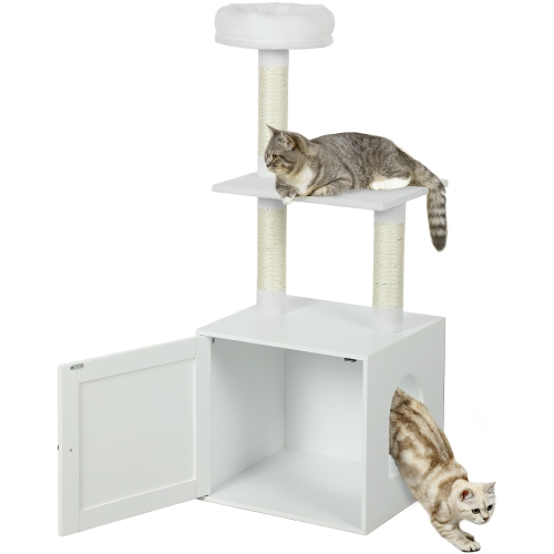 PawHut Cat Tree with Litter Box Enclosure, Hidden Cat Tower with Sisal Covered Scratching Posts, Large Platform, Bed, Modern Furniture for Indoor