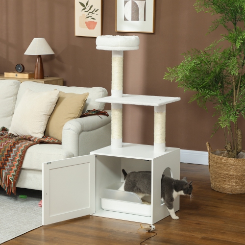 PawHut Cat Tree with Litter Box Enclosure, Hidden Cat Tower with Sisal Covered Scratching Posts, Large Platform, Bed, Modern Furniture for Indoor