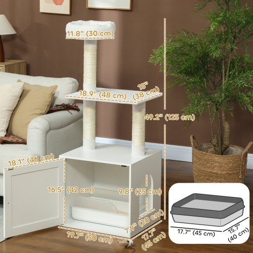 PawHut Cat Tree with Litter Box Enclosure, Hidden Cat Tower with Sisal Covered Scratching Posts, Large Platform, Bed, Modern Furniture for Indoor