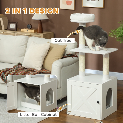 PawHut Cat Tree with Litter Box Enclosure, Hidden Cat Tower with Sisal Covered Scratching Posts, Large Platform, Bed, Modern Furniture for Indoor