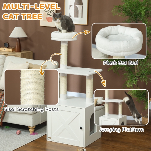 PawHut Cat Tree with Litter Box Enclosure, Hidden Cat Tower with Sisal Covered Scratching Posts, Large Platform, Bed, Modern Furniture for Indoor