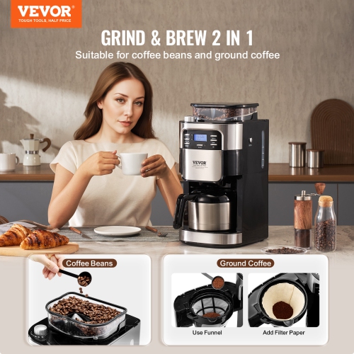 VEVOR Coffee Maker with Grinder, 8 Cup Coffee Machine, Grind and Brew Coffee Maker with 3 Brew Strength Control, 24-Hour Timer for Auto Brew, for