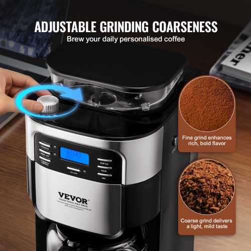 VEVOR Coffee Maker with Grinder, 8 Cup Coffee Machine, Grind and Brew Coffee Maker with 3 Brew Strength Control, 24-Hour Timer for Auto Brew, for