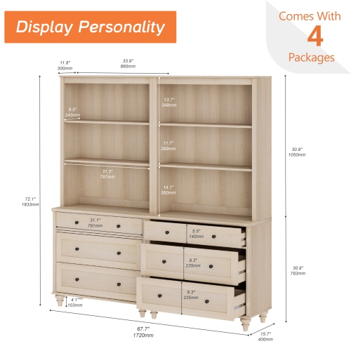 WAMPAT 3 Tier Bookshelf with 3 Drawers, 72" Tall Bookcase Large Farmhouse Display Book Case Shelf with 3-Tier Open Book Shelfs,Library Wood