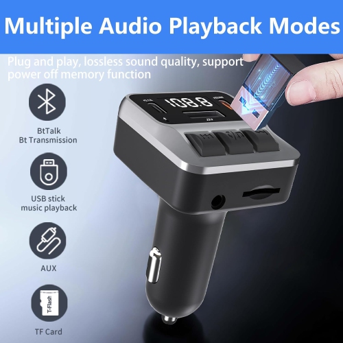 C64 Car MP3 Bluetooth Player 5.3 FM Car Transmitter Call Bluetooth Transmitter Car Kit with Dual Type-C PD Charging Port and QC3.0 USB Port, Support