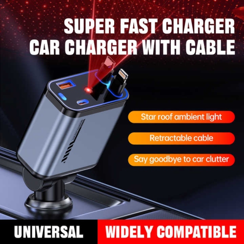New 4 in 1 Retractable Multi-function Car Charger with Starry Sky Projection Atmosphere Light with Starlight 66W USB C Fast Car Charger Adapter with