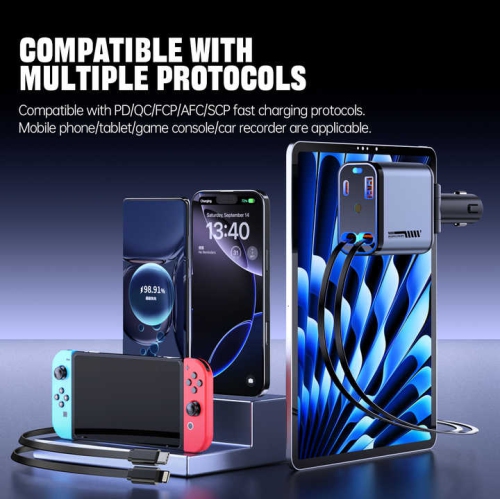 New 4 in 1 Retractable Multi-function Car Charger with Starry Sky Projection Atmosphere Light with Starlight 66W USB C Fast Car Charger Adapter with