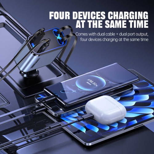 New 4 in 1 Retractable Multi-function Car Charger with Starry Sky Projection Atmosphere Light with Starlight 66W USB C Fast Car Charger Adapter with