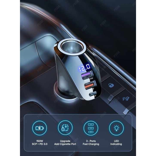 Adaptateur allume-cigare 215&nbsp;W 4 en 1, chargeur pour l'auto, USB double de type C avec adaptateur d'allume-cigare LED pour iPhone 16 Pro Max,