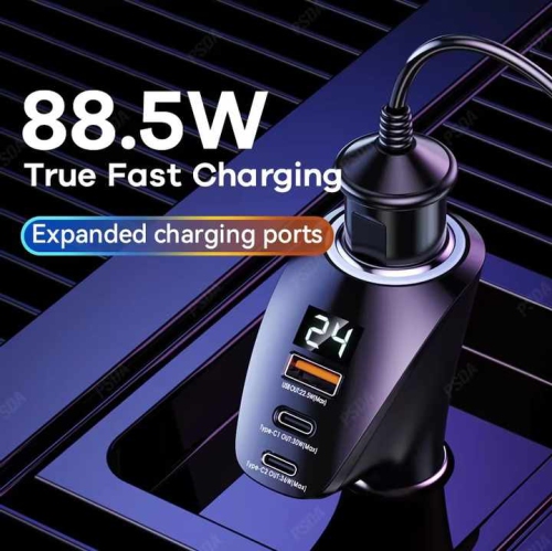 Adaptateur allume-cigare 215&nbsp;W 4 en 1, chargeur pour l'auto, USB double de type C avec adaptateur d'allume-cigare LED pour iPhone 16 Pro Max,