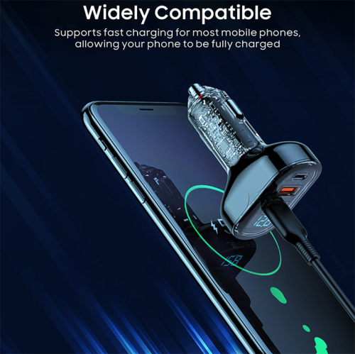 Chargeur de voiture transparent à affichage numérique; Chargeur de voiture à trois ports 72&nbsp;W adapté au chargeur de voiture USB multifonction