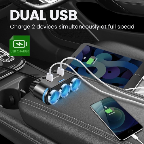 Dual USB Fast Charging Socket 12V Car Charger 1 to 3 Cigarette Lighter High Power Phone Fast Charging 1 to 2 Car Charger Adapter with 150W 3 Outlets