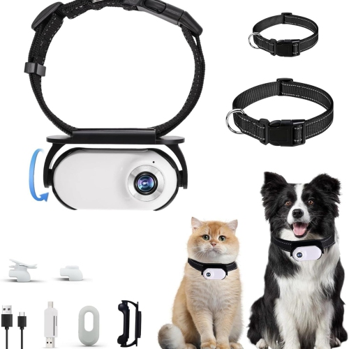1080P Cat Camera Collar, HD 1080P Video Mini Collar with SD Card, Wireless Action Camera for Cats and Dogs, Outdoor/Indoor Dog Tracker, White