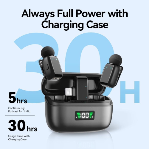 Mini wireless lavalier microphone with charging case for iPhone, iPad and Android devices Mini wireless lavalier microphone with digital display