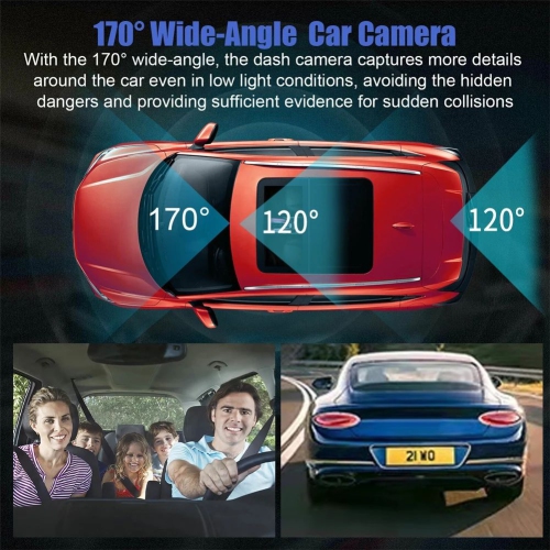 2-inch triple-lens driving recorder supports front video 1080P + in-car 720P + rear video 1080P 140° wide-angle coverage, loop recording, parking